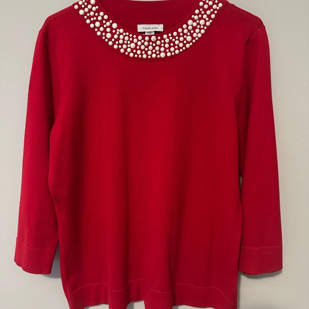 Calvin Klein Red Top with Pearl Accents
